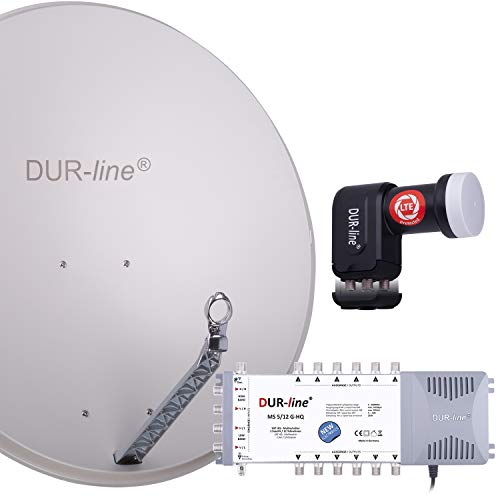 DUR-line 12 Teilnehmer Set - Qualitäts-Alu-Satelliten-Komplettanlage - Select 85cm/90cm Spiegel/Schüssel Hellgrau + Multischalter + LNB - für 12 Receiver/TV [Neuste Technik, DVB-S2, 4K, 3D] von DUR-line