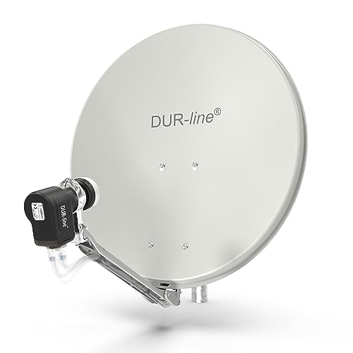 DUR-line 4 Teilnehmer Set - Qualitäts-Alu-Satelliten-Komplettanlage - Select 60cm/65cm Spiegel/Schüssel Hellgrau + Quad LNB - für 4 Receiver/TV [Neuste Technik, DVB-S2, 4K, 3D] von DUR-line