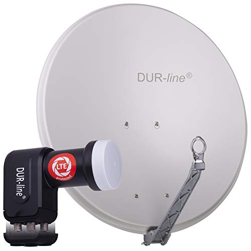 DUR-line 4 Teilnehmer Set - Qualitäts-Alu-Satelliten-Komplettanlage - Select 75cm/80cm Spiegel/Schüssel Hellgrau + Quad LNB - für 4 Receiver/TV [Neuste Technik, DVB-S2, 4K, 3D] von DUR-line