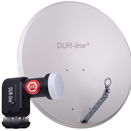 DUR-line 4 Teilnehmer Set - Qualitäts-Alu-Satelliten-Komplettanlage - Select 85cm/90cm Spiegel/Schüssel Hellgrau + Quad LNB - für 4 Receiver/TV [Neuste Technik, DVB-S2, 4K, 3D] von DUR-line