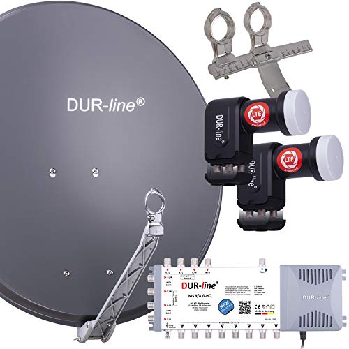 DUR-line 8 TN/2 Satelliten Set - Qualitäts-Alu-Satelliten-Komplettanlage - Select 75cm/80cm Spiegel/Schüssel Anthrazit + Multischalter + 2xLNB - für 8 Receiver/TV [Neuste Technik, DVB-S2, 4K, 3D] von DUR-line