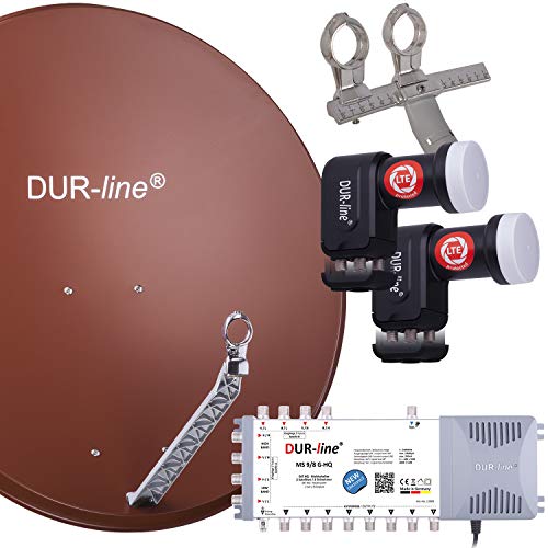 DUR-line 8 TN/2 Satelliten Set - Qualitäts-Alu-Satelliten-Komplettanlage - Select 85cm/90cm Spiegel/Schüssel Rot + Multischalter + 2xLNB - für 8 Receiver/TV [Neuste Technik, DVB-S2, 4K, 3D] von DUR-line