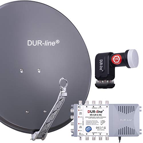 DUR-line 8 Teilnehmer Set - Qualitäts-Alu-Satelliten-Komplettanlage - Select 75cm/80cm Spiegel/Schüssel Anthrazit + Multischalter + LNB - für 8 Receiver/TV [Neuste Technik, DVB-S2, 4K, 3D] von DUR-line