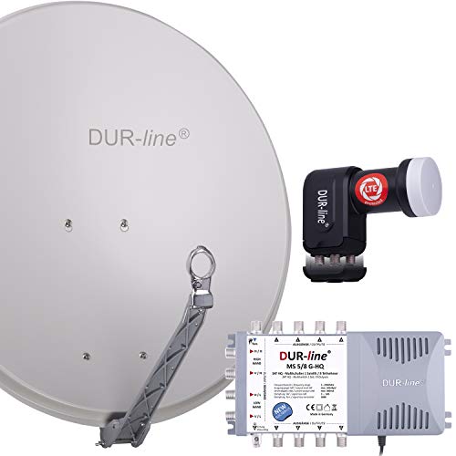 DUR-line 8 Teilnehmer Set - Qualitäts-Alu-Satelliten-Komplettanlage - Select 75cm/80cm Spiegel/Schüssel Hellgrau + Multischalter + LNB - für 8 Receiver/TV [Neuste Technik, DVB-S2, 4K, 3D] von DUR-line