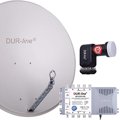 DUR-line 8 Teilnehmer Set - Qualitäts-Alu-Satelliten-Komplettanlage - Select 85cm/90cm Spiegel/Schüssel Hellgrau + Multischalter + LNB - für 8 Receiver/TV [Neuste Technik, DVB-S2, 4K, 3D] von DUR-line