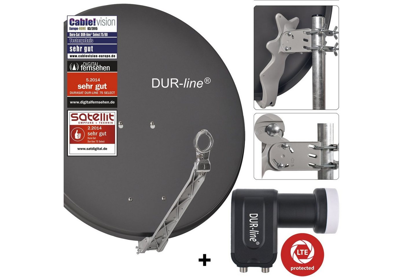 DUR-line DUR-line 2 Teilnehmer Set - Qualitäts-Alu-Satelliten-Komplettanlage - Sat-Spiegel von DUR-line