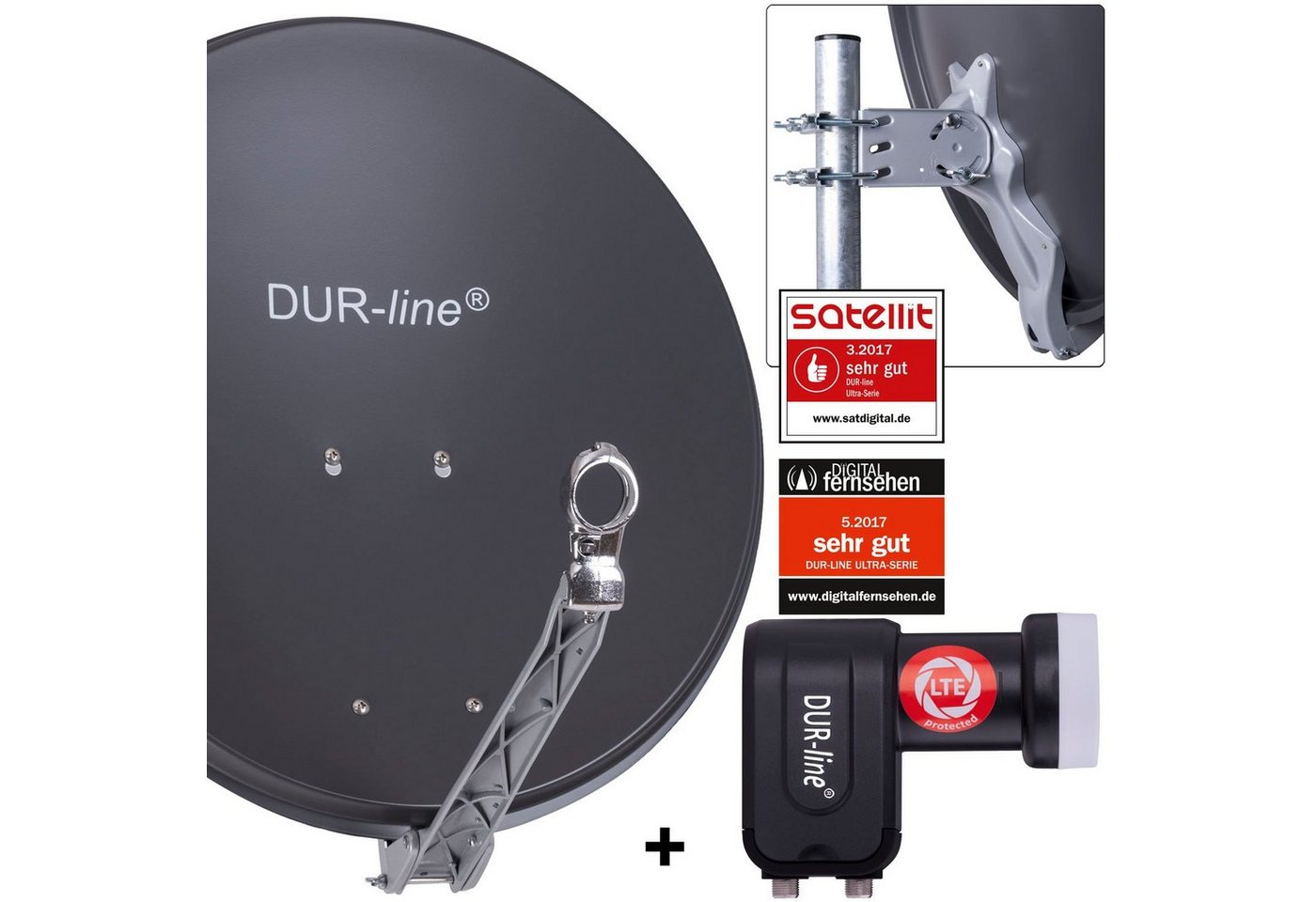 DUR-line DUR-line 2 Teilnehmer Set - Qualitäts-Alu-Satelliten-Komplettanlage - Sat-Spiegel von DUR-line