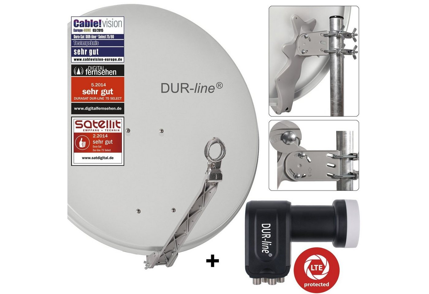 DUR-line DUR-line 4 Teilnehmer Set - Qualitäts-Alu-Satelliten-Komplettanlage - Sat-Spiegel von DUR-line