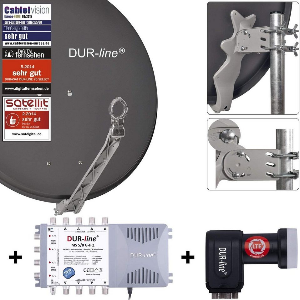 DUR-line DUR-line 8 Teilnehmer Set - Qualitäts-Alu-Satelliten-Komplettanlage - Sat-Spiegel von DUR-line