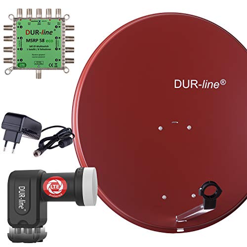 DUR-line MDA 80 Rot - Digitale 8 Teilnehmer Satellitenschüssel Komplett-Anlage mit premium Multischalter und LNB [Camping, Astra 19,2°, DVB-S/S2, Full HD, 4K, 3D] von DUR-line