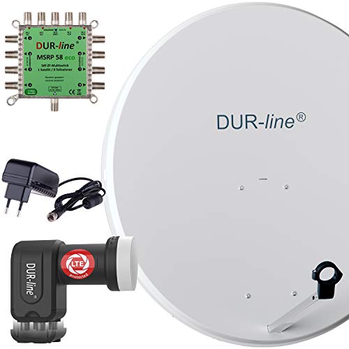DUR-line MDA 90 Hellgrau - Digitale 8 Teilnehmer Satellitenschüssel Komplett-Anlage mit Premium Multischalter und LNB [Camping, Astra 19,2°, DVB-S/S2, Full HD, 4K, 3D] von DUR-line