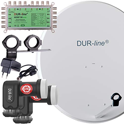 DUR-line MDA 90 Hellgrau - Digitale 8 Teilnehmer Satellitenschüssel Komplett-Anlage mit Premium Multischalter und LNB [Camping, Astra 19,2°, DVB-S/S2, Full HD, 4K, 3D] von DUR-line