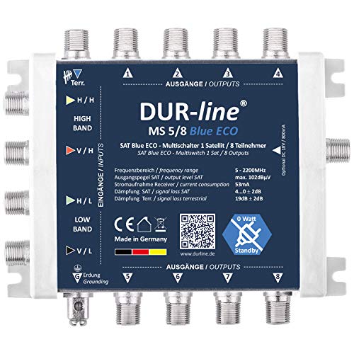 DUR-line MS 5/8 Blue eco Stromspar Multischalter - für 8 SAT Teilnehmer/TV - kein Netzteil notwendig - 0 Watt Standby Multiswitch [Digital, HDTV, FullHD, 4K, UHD] von DUR-line