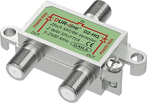 DUR-line SAT & BK-Verteiler HQ - 2-Fach Splitter - voll geschirmt - Unicable & HD tauglich D3-HQ - für Satelliten-Anlagen(DVB-S2) - BK - UKW Radio - DC-Durchlass - TV Antennen Fernseh Verteiler von DUR-line