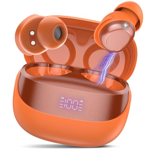Bluetooth Kopfhörer, Mini In Ear Kopfhörer Kabellos Bluetooth 5.4 Stereo HiFi Immersiv, 47Std Spielzeit Schlafkopfhörer mit Passiver Geräuschmaskierung, LED-Anzeige, IP7 Wasserdichte Ohrhörer Orange von DUSONLAP