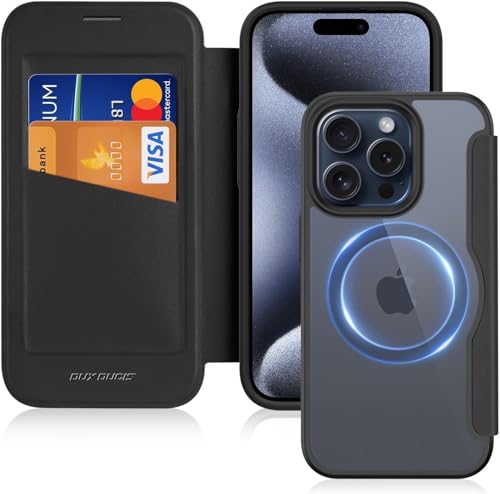DUX DUCIS Handyhülle für iPhone 15 Pro Hülle mit Kartenfächern, Magnetische [Kompatibel mit MagSafe] PU Leder Cover Flip Wallet Stoßfeste Case Klapphülle für iPhone 15 Pro (6,1" Schwarz) von DUX DUCIS
