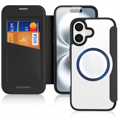 DUX DUCIS Hülle für iPhone 16 Handyhülle Kompatibel mit MagSafe, Transparente Anti-Kratzer Leder Flip Klapphülle mit RFID-Sperre Schutzhülle Case für iPhone 16 (6,1 Zoll, Schwarz) von DUX DUCIS