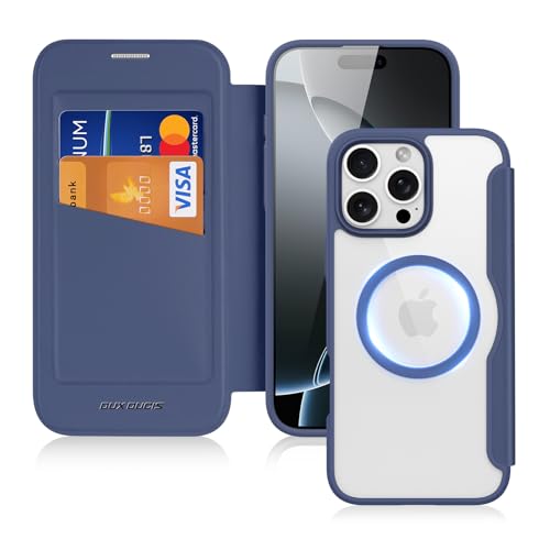 DUX DUCIS Hülle für iPhone 16 Pro Handyhülle Kompatibel mit MagSafe, Transparente Anti-Kratzer Leder Flip Klapphülle mit RFID-Sperre Schutzhülle Case für iPhone 16 Pro (6,3 Zoll, Blau) von DUX DUCIS