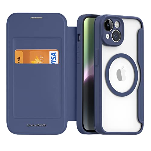 DUX DUCIS Magnetische Hülle für iPhone 14/13, Premium PU Leder Flip Clear Stoßfest Schutzhülle Mit Kartenhalter [Kompatibel Mit MagSafe] (Tiefblau) von DUX DUCIS
