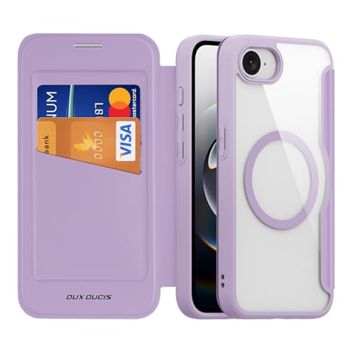 DUX DUCIS Magnetisch Hülle für iPhone 16e, [Kompatibel mit MagSafe] Premium Flip Leder Klar Stoßfest Schutzhülle Handyhülle mit RFID Blocker für Apple iPhone 16e 2025 Klapphülle (Lila Rosa) von DUX DUCIS