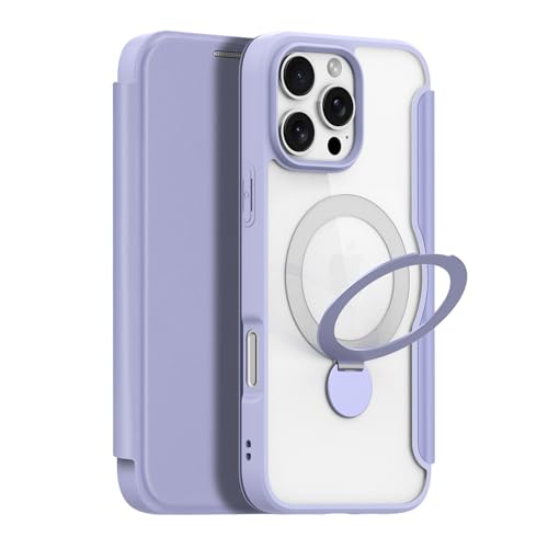 DUX DUCIS [Skin X Pro mit 360°-Ring-Ständer] Serie Hülle, entworfen für Apple iPhone 16 Pro Max, PU Leder MagSafe Hülle mit Sand und Kartenfach, Flip Phone Cover - Lila von DUX DUCIS