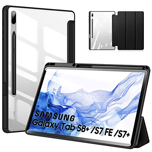 DUZZONA Hülle für Samsung Galaxy Tab S8+ Plus 12,4 Zoll 2022 /S7 FE /S7+ Plus 12.4 Zoll, mit S-Pen Stifthalter, mit Transparent Hartschalen Rückseite Schutzhülle, Auto Schlaf/Aufwach, Schwarz von DUZZONA