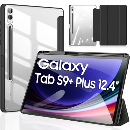 DUZZONA Hülle für Samsung Galaxy Tab S9+ Plus 12,4 Zoll 2023, Leicht PU Leder Tasche Etui, Stand Schutzhülle Shell mit Transparenter PC Rückhülle für Samsung Tab S9+ Plus Tablet, Schwarz von DUZZONA