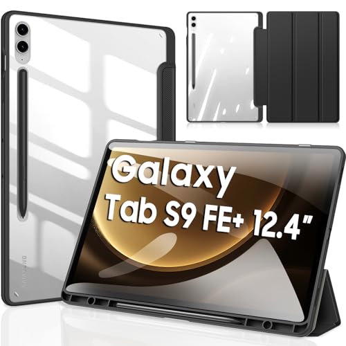 DUZZONA Hülle für Samsung Galaxy Tab S9 FE+ Plus 12,4 Zoll 2023 mit S-Pen Stifthalter, Leicht PU SchutzHülle mit Transparenter PC Rückhülle für Samasung Tab S9 FE Plus, Auto Schlaf/Aufwach, Schwarz von DUZZONA