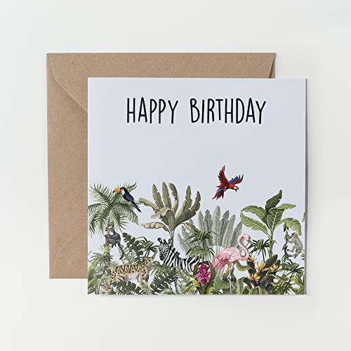 1 x Grußkarte – Happy Birthday Tropischer Dschungel Papagei Tiere Zebra Flamingo Geschenk #0116 von DV DESIGN
