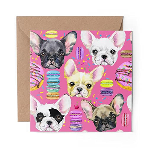 1 x Grußkarte (Fotoeinsatz) – Französische Bulldoggen Macarons niedliche Haustiere – blanko Geburtstagsfeier Jahrestag #8392 von DV Design