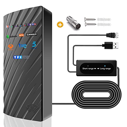 DVB-T2 HD Antenne Innen Außen, 39DBI 480 km Reichweite Indoor-Freeview-Antenne mit Intelligentem Signalverstärker, Doppelsignalmodus und 10m Kabel Unterstützen HD-TV 1080P 4K von DVONE