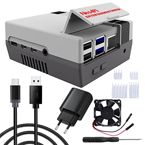 DVOZVO Retro Gaming Nes4Pi Gehäuse für Raspberry Pi 4B,Raspberry Pi 4 Gehäuse mit Schnellladegerät QC 3.0 Netzteil, Lüfter, Kühlkörper für Raspberry Pi 4 8GB/4GB/2GB von DVOZVO