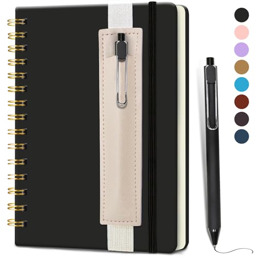 DWIYITTN Notizbuch A5 Liniert, Hardcover Spiralbindung 80 Blatt /160 Seiten Notizbuch mit Stift & Kunstleder-Stifthalter Collegeblock Notizblock für Arbeit Büro Schule 14,5 x 21cm 80 g/m² -Schwarz von DWIYITTN