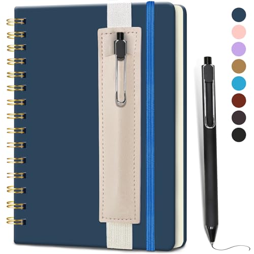 DWIYITTN Notizbuch A5 Liniert, Hardcover Spiralbindung 80 Blatt /160 Seiten Notizbuch mit Stift & Kunstleder-Stifthalter Collegeblock Notizblock für Arbeit Büro Schule 14,5 x 21cm 80 g/m² -Marineblau von DWIYITTN