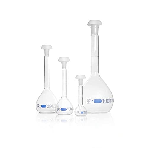 DWK Life Sciences SD-1511 Duran Borosilikat Glas 3.3 Klasse A Messkolben, Blau Skala, USP Konform, Einzelzertifikat, Mit Einer Ringmarke, PE Stopfen, NS 12/21 Schliffgröße, 50ml Kapazität, 2 Stück von DWK Life Sciences