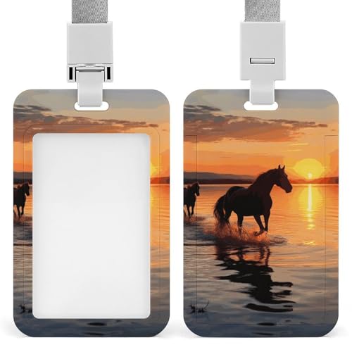 Ausweishalter, Motiv: Sonnenuntergänge, See, Pferde, verschiebbar, vertikaler Kartenschutz, Abzeichen für Umhängeband, wasserdicht, Namensschild-Halter, Namenskartenhülle für Arzt, Lehrer, von DWTJKMS