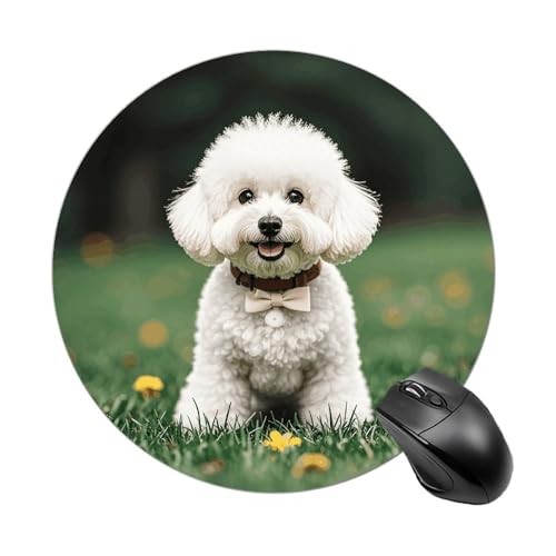 Bichon Frisé Hund auf dem Gras, rundes Mauspad mit genähtem Rand, Computer-Maus, rutschfest, Gummi-Mauspad, Schutz für Laptop, Büro oder Zuhause Bichon Frisé Hund auf dem Gras, rundes Mauspad mit genähtem Rand, Computer-Maus, rutschfest, Gummi-Mauspad, Schutz für Laptop, Büro oder Zuhause von DWVSFJM