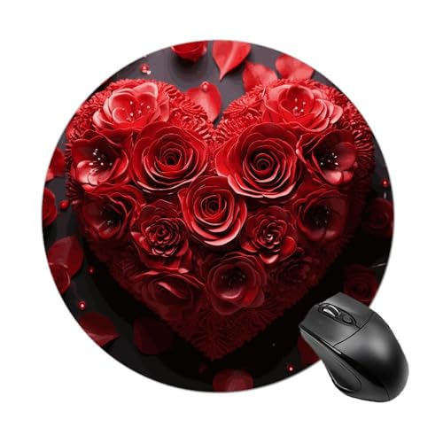 Mauspad mit roter Rose und Herz, rund, mit genähtem Rand, Computer-Maus, rutschfest, Gummi-Mauspad für Laptop, Büro oder Zuhause Mauspad mit roter Rose und Herz, rund, mit genähtem Rand, Computer-Maus, rutschfest, Gummi-Mauspad für Laptop, Büro oder Zuhause von DWVSFJM