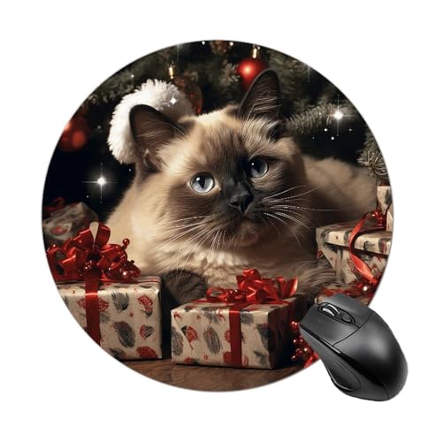 Mauspad mit weihnachtlicher siamesischer Katze, rund, mit genähtem Rand, Computer-Maus, rutschfest, Gummi-Mauspad, Schutz für Laptop, Büro oder Zuhause Mauspad mit weihnachtlicher siamesischer Katze, rund, mit genähtem Rand, Computer-Maus, rutschfest, Gummi-Mauspad, Schutz für Laptop, Büro oder Zuhause von DWVSFJM