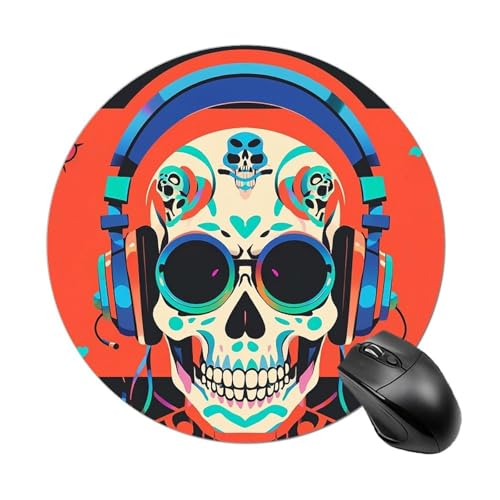 Rundes Mauspad mit Punk-Rock-Kopfhörern, Totenkopf-Design, mit genähtem Rand, Computer-Maus, rutschfest, Gummi-Mauspad für Laptop, Büro oder Zuhause Rundes Mauspad mit Punk-Rock-Kopfhörern, Totenkopf-Design, mit genähtem Rand, Computer-Maus, rutschfest, Gummi-Mauspad für Laptop, Büro oder Zuhause von DWVSFJM