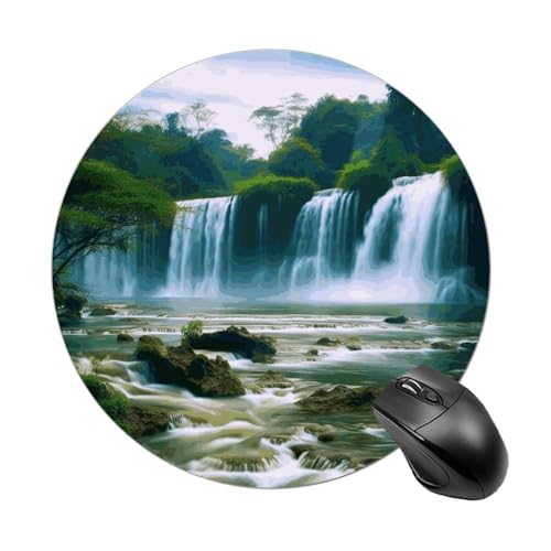 Rundes Mauspad mit Wasserfalllandschaft und genähtem Rand, Computer-Maus, rutschfest, Gummi-Mauspad für Laptop, Büro oder Zuhause Rundes Mauspad mit Wasserfalllandschaft und genähtem Rand, Computer-Maus, rutschfest, Gummi-Mauspad für Laptop, Büro oder Zuhause von DWVSFJM
