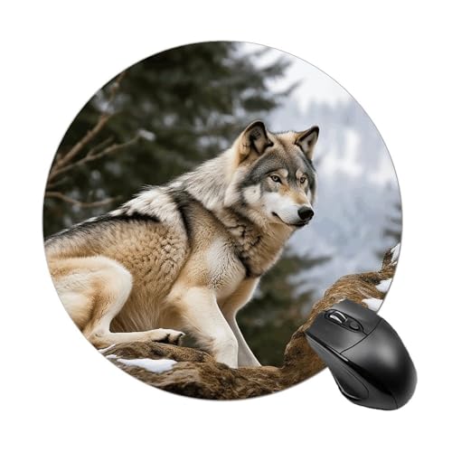 Rundes Mauspad mit genähtem Rand, Motiv: Schneeberge, wilder Wolf, Computer-Maus, rutschfest, Gummi-Mauspad für Laptop, Büro oder Zuhause Rundes Mauspad mit genähtem Rand, Motiv: Schneeberge, wilder Wolf, Computer-Maus, rutschfest, Gummi-Mauspad für Laptop, Büro oder Zuhause von DWVSFJM