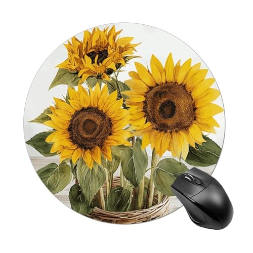 Verführerisches Mauspad mit Sonnenblumen, rund, mit genähtem Rand, Computer-Maus, rutschfest, Gummi-Mauspad, Schutz für Laptop, Büro oder Zuhause Verführerisches Mauspad mit Sonnenblumen, rund, mit genähtem Rand, Computer-Maus, rutschfest, Gummi-Mauspad, Schutz für Laptop, Büro oder Zuhause von DWVSFJM