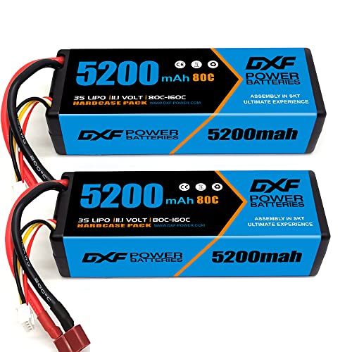 DXF 3S LiPo Akku 11.1V 80C 5200mAh Hardcase Batterie mit T Steck für RC Auto, RC Flugzeug, RC Hubschrauber, RC Hobby (2 Packungen) von DXF