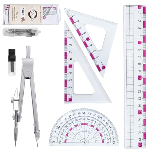 DY.2ten Geometrie set für Schüler,Mathe Protraktor Kompass, Zirkel set, 2pcs Geodreieck, 20 cm Lineal und Winkelmesser，schulbedarf 6 Stück von DY.2ten