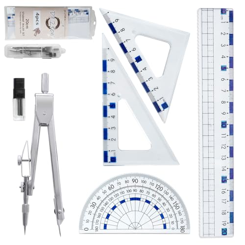DY.2ten Geometrie set für Schüler,Mathe Protraktor Kompass, Zirkel set, 2pcs Geodreieck, 20 cm Lineal und Winkelmesser，schulbedarf 6 Stück von DY.2ten