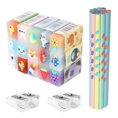 32 Stück Radiergummi mit Schreibhilfe Bleistiftspitzer Set, 15 Mehrfarbig Spielzeug Früchte PVC Radiergummi, 15 Rutschfeste Dreieckige Kinder Bleistifte HB Anzug 2 Bleistiftspitzer für Büro Schule von DYMHQ