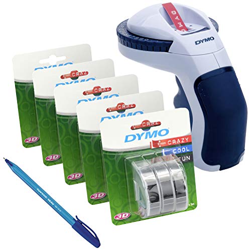 5 x Dymo Prägeschablone selbstklebend (S0847730), 9 mm x 3 m, weiß auf schwarz, 3 Stück + Dymo S0717930 Omega Home Embossing Label Maker blau + PaperMate Stift Geschenk von DYMO