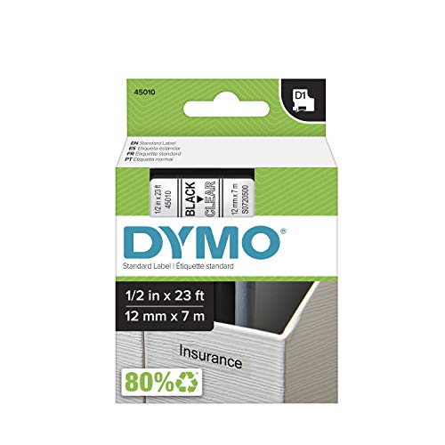 DYMO 43610 Standard-Klebeband D1 für LabelManager Etikettierer, schwarzer Druck auf transparentem Band, 0,64 cm B x 58,4 cm L, 1 Patrone 1/2" Schwarz auf transparent von DYMO