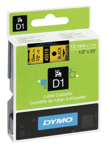DYMO D1 45018 Beschriftungsband / 12 mm / Druck schwarz / Band gelb / für DYMO Pocket, 1000+, 2000, 3500, 4500, 5500, LM 100/100+/120P/150/160/200/210D/220P/260P/280/300/350/350D/360D/400/420P/450/450D/500TS/II/PC/PC II/PnP/PnP WiFi, LabelWriter 450 DUO, LP 100/150/200/250/300/350 von DYMO